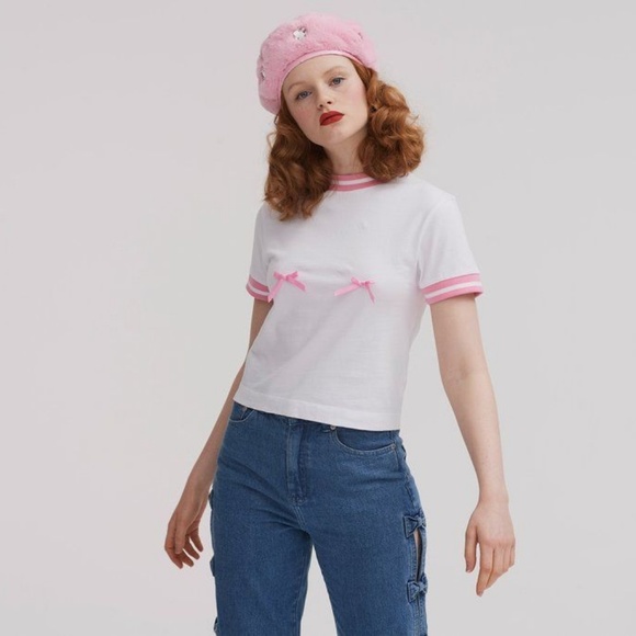 🌸Two for $55💲LAZY OAF Boob BOW Ringer Tee T-Shirt TOP BNWT - Picture 4 of 4